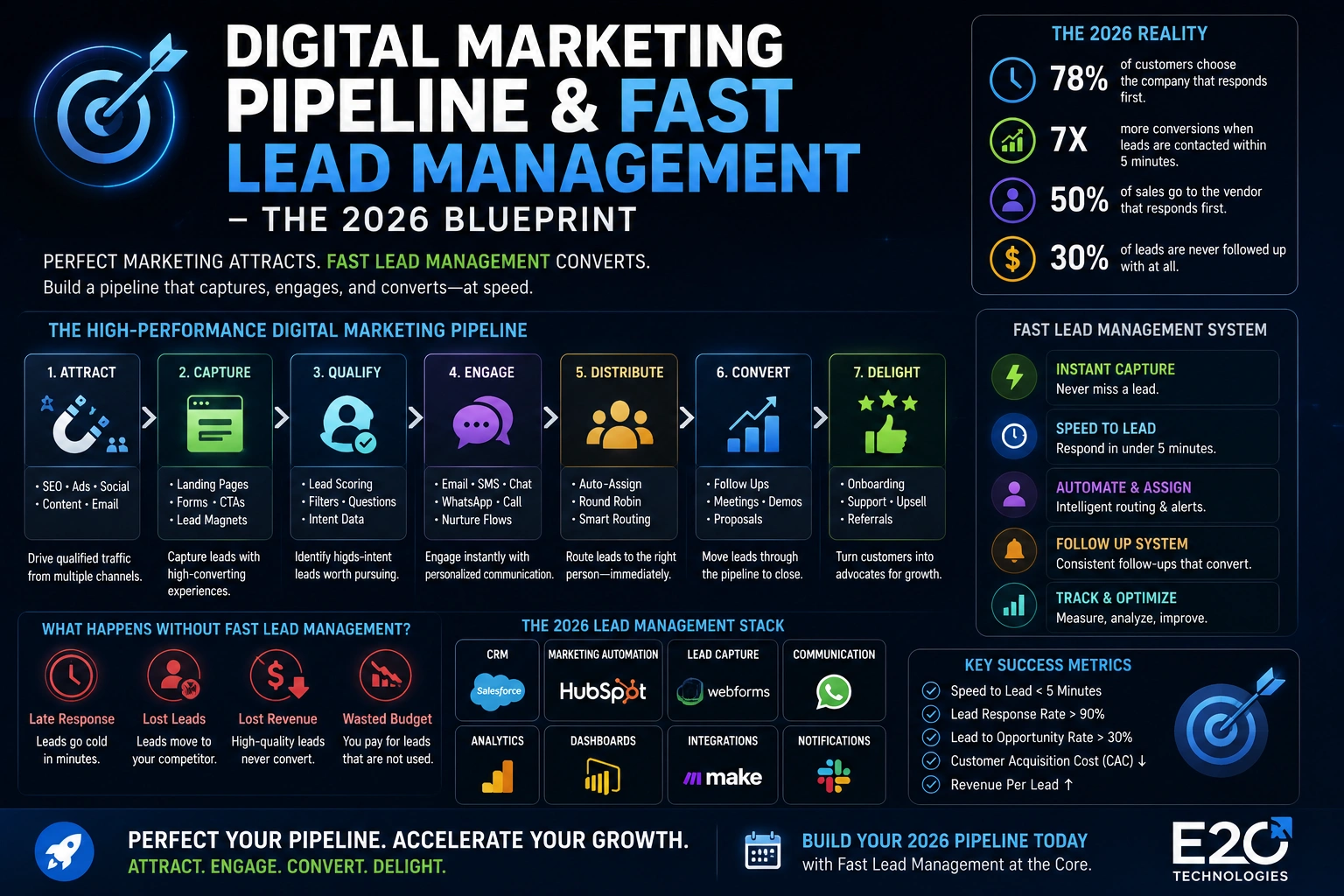 Fast lead management and digital marketing pipeline illustration