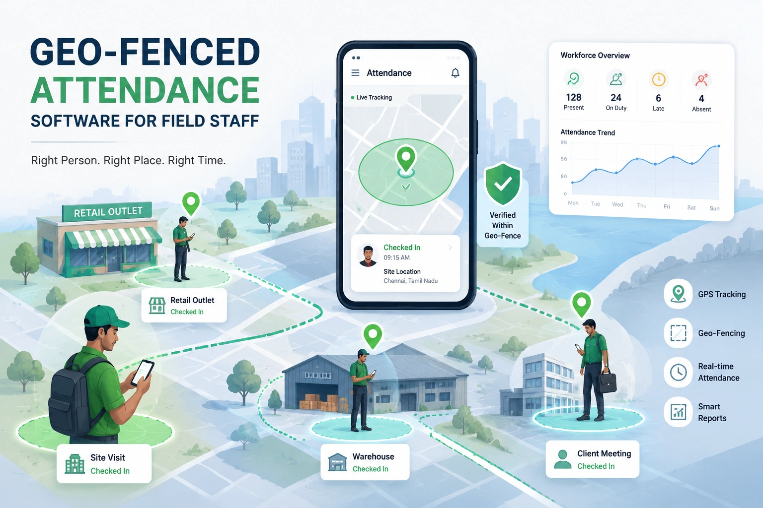 Geo-fenced attendance software for field staff